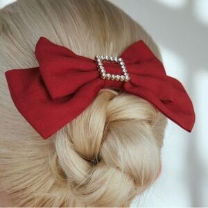 NEW UO Red Heather Prep Old Money Aesthetic Red Satin Rhinestones Hair Clip Bow
